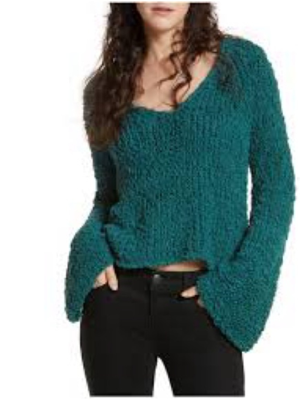 Free People Teal Chunky Sand Dune V Neck Sweater Oversized XS